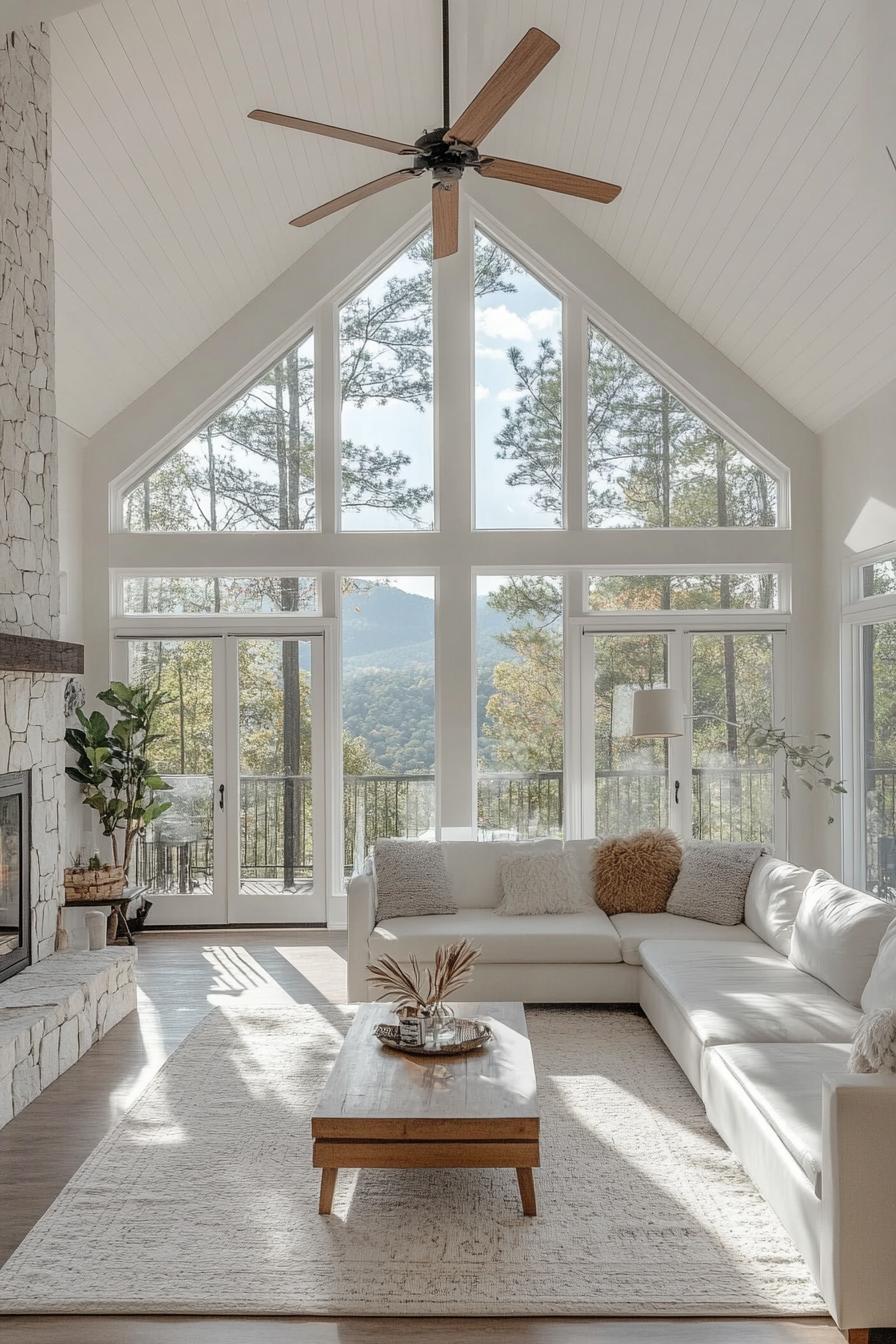 interior of a large a frame house white farmhouse interior with large ceiling fan full wall windows with a glass door stone fire place painted in