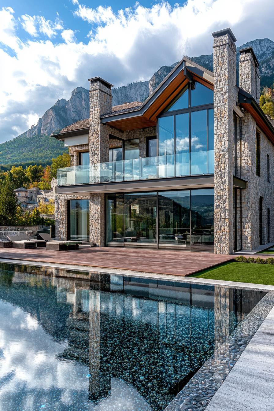 luxury modern house in style of Norman castle with large glass sections mountain landscape 1