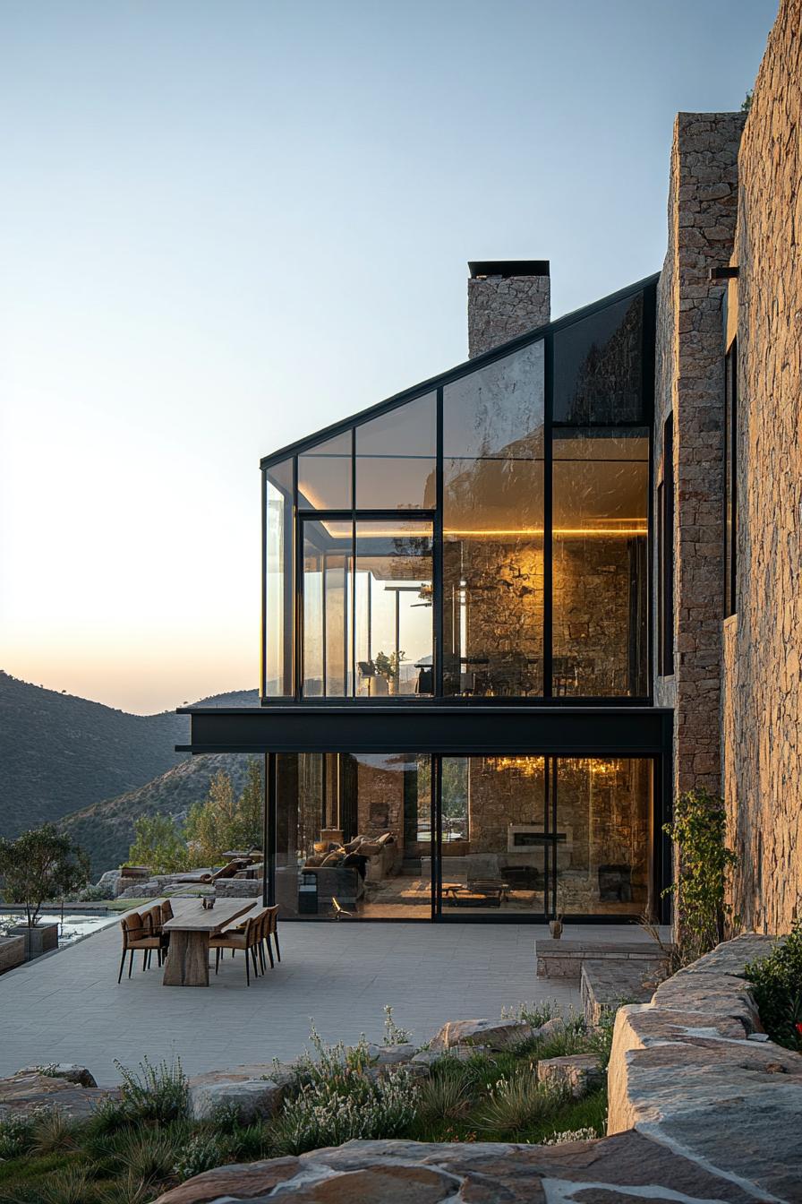 luxury modern house in style of Norman castle with large glass sections mountain landscape