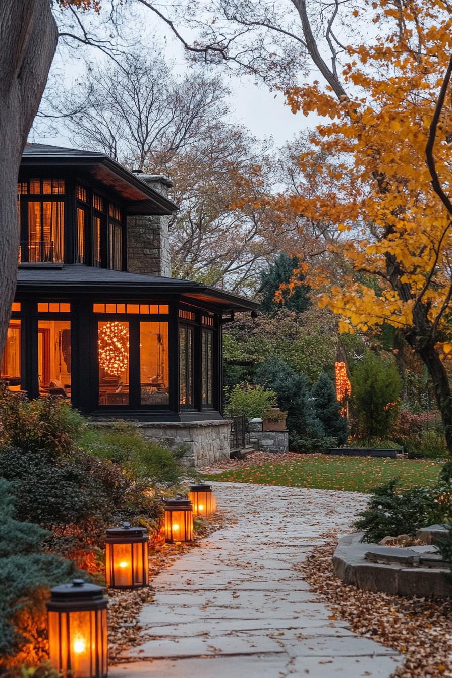 mid century modern and antique style house facade with LED vintage lanterns yard with trees in autumn 1