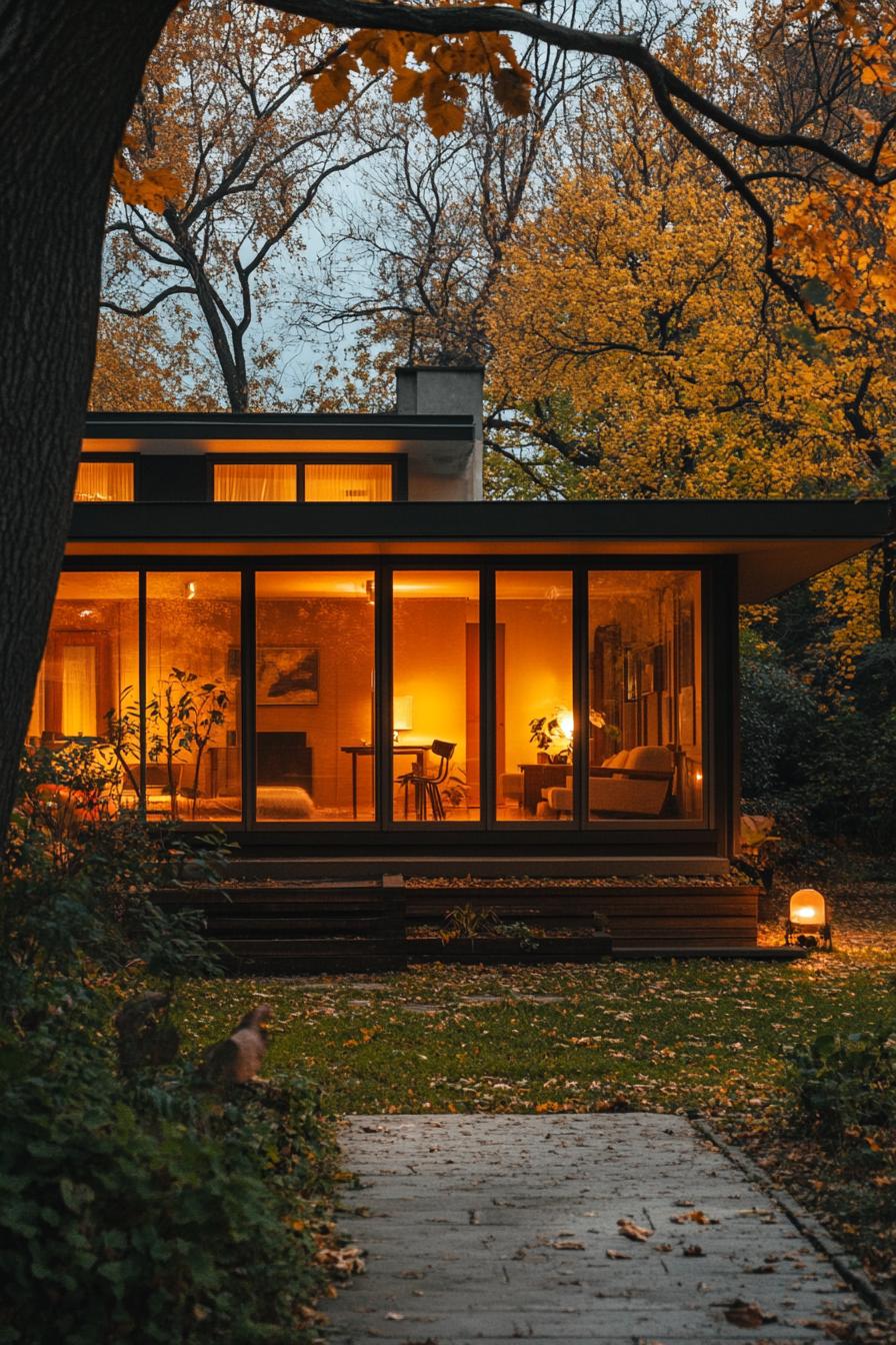 mid century modern and antique style house facade with LED vintage lanterns yard with trees in autumn 2