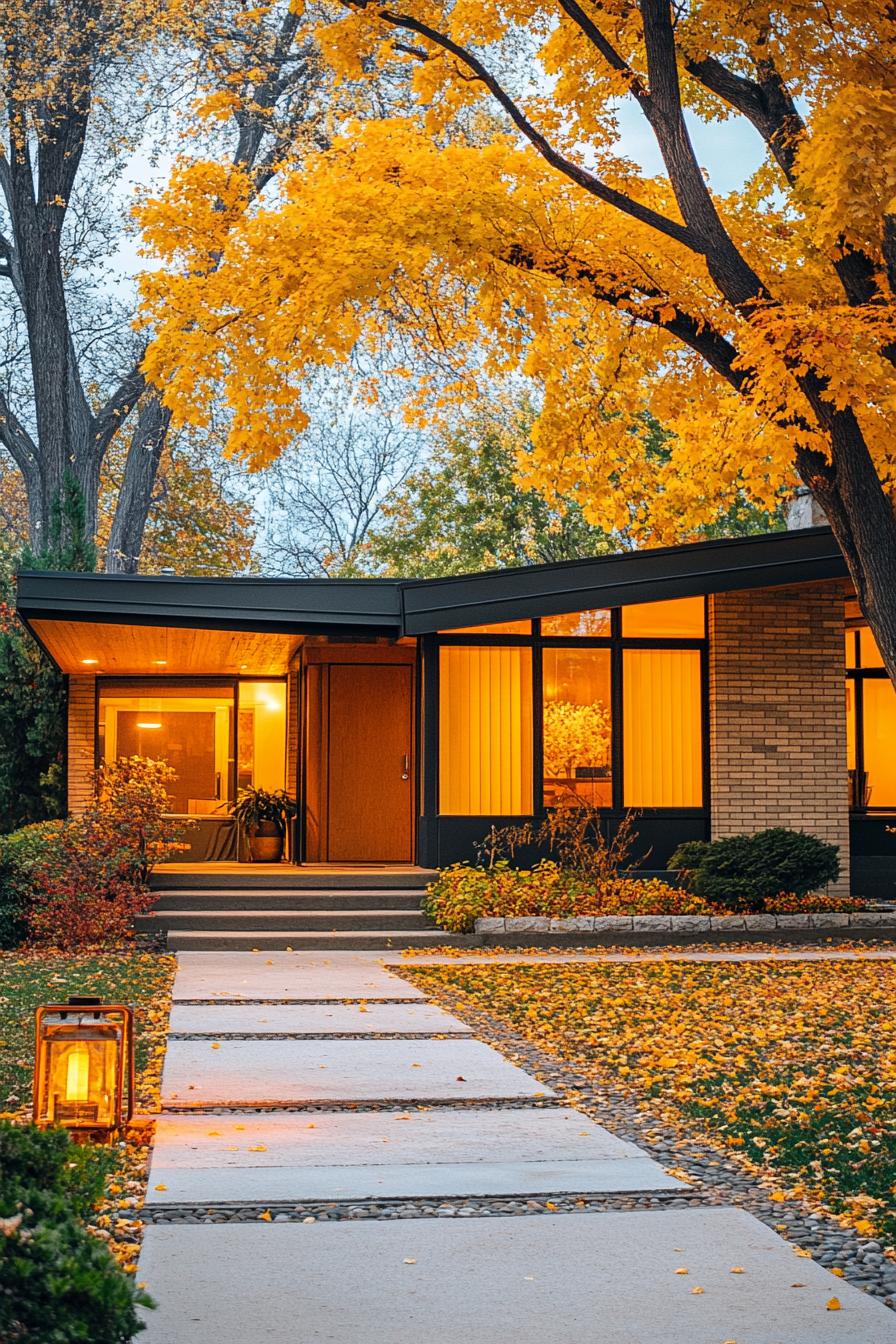 mid century modern and antique style house facade with LED vintage lanterns yard with trees in autumn 3