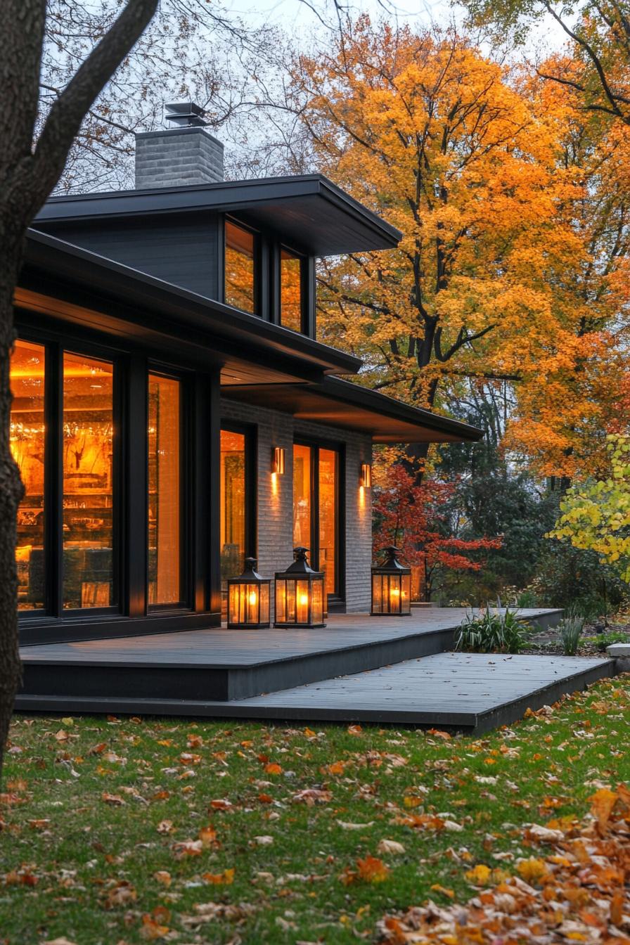 mid century modern and antique style house facade with LED vintage lanterns yard with trees in autumn