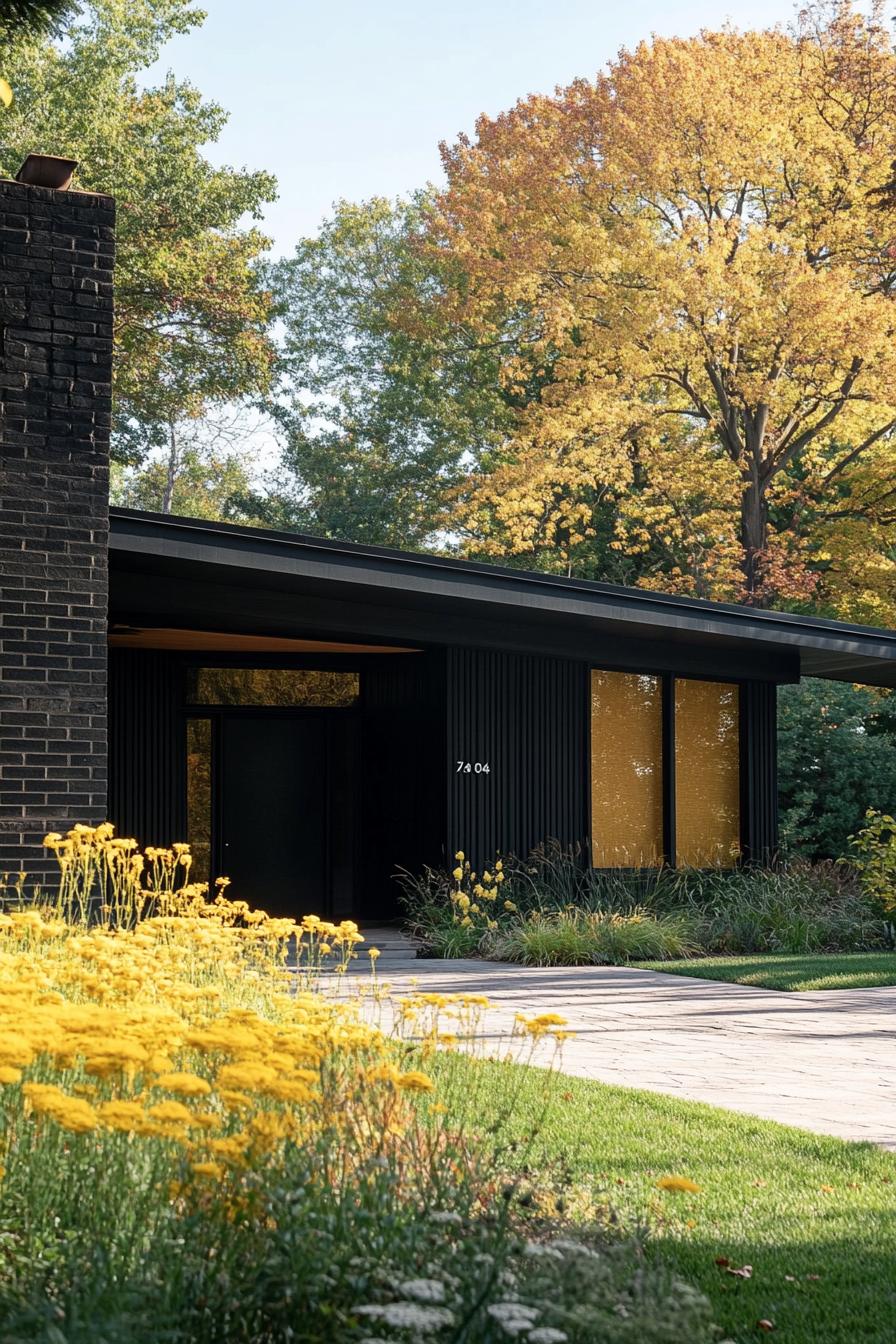 mid century modern black house black terrazzo facade with gold flecks full house view yellow meadow front yard 1