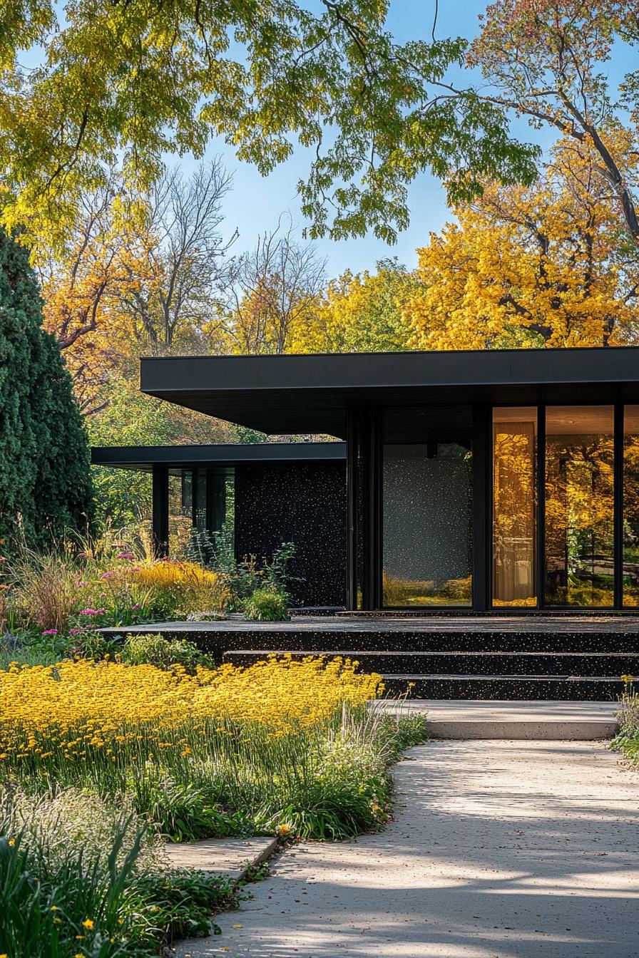 mid century modern black house black terrazzo facade with gold flecks full house view yellow meadow front yard 2