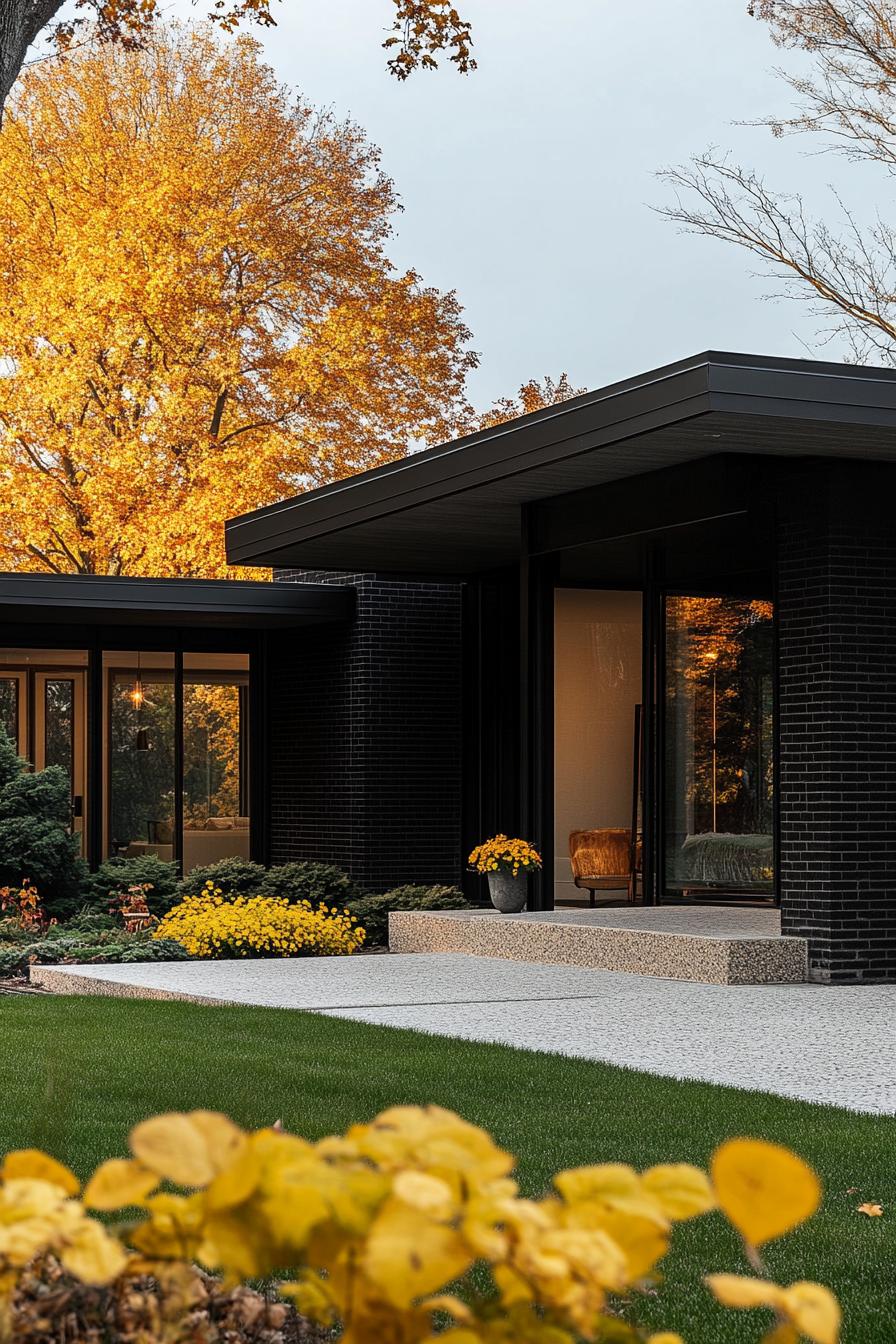 mid century modern black house black terrazzo facade with gold flecks full house view yellow meadow front yard 3