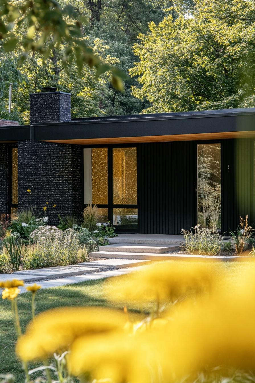 mid century modern black house black terrazzo facade with gold flecks full house view yellow meadow front yard