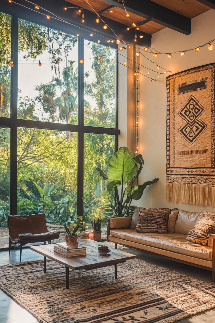 mid century modern house interior with woven boho wall hangings and large windows overlooking a lush backyard garden with string lights 1