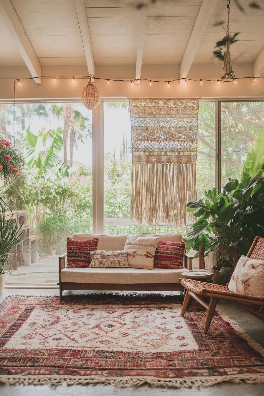 mid century modern house interior with woven boho wall hangings and large windows overlooking a lush backyard garden with string lights 2