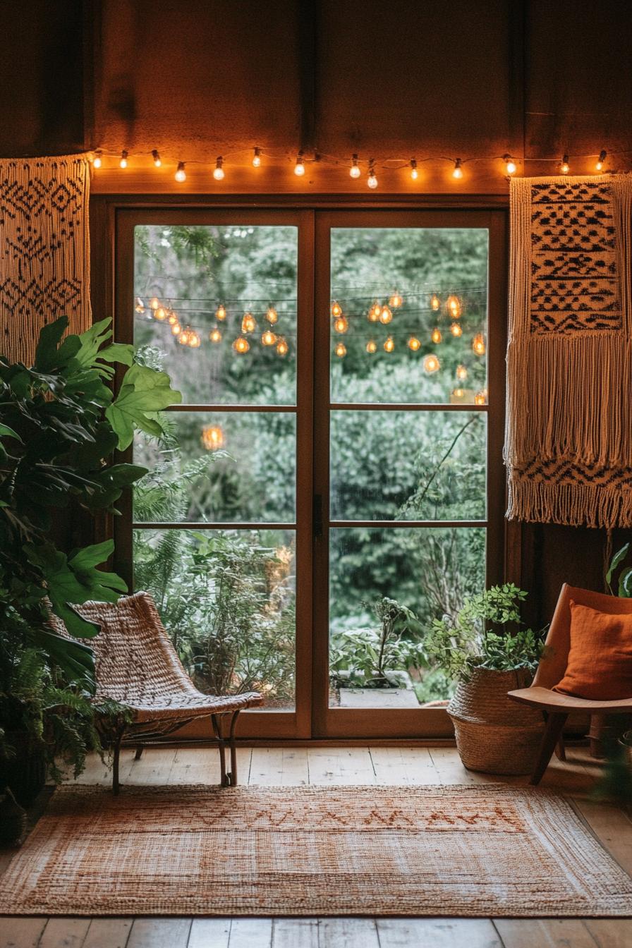 mid century modern house interior with woven boho wall hangings and large windows overlooking a lush backyard garden with string lights