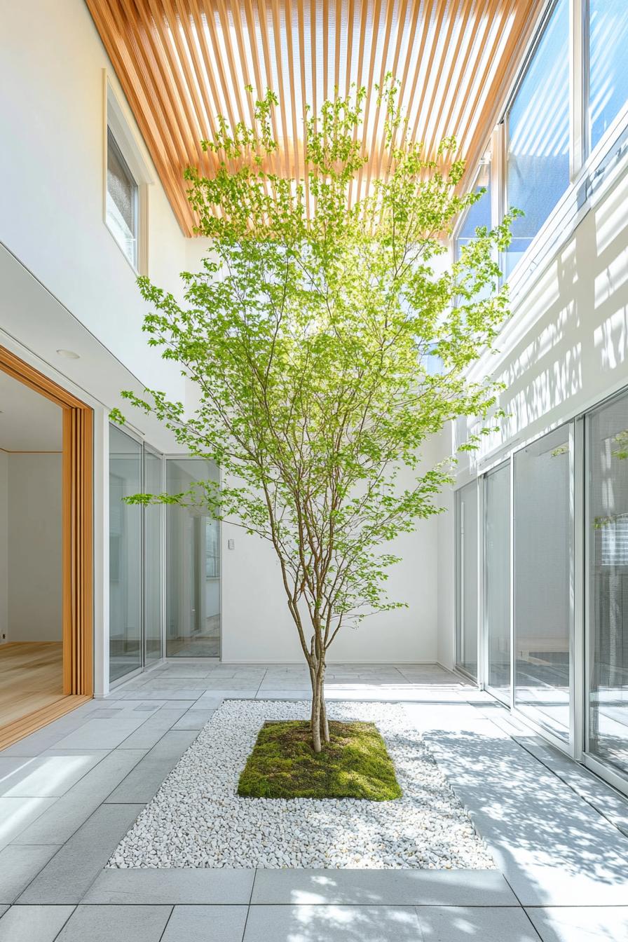 minimalist indoor courtyard with a young tree in the center wooden slatted roof white walls and big windows