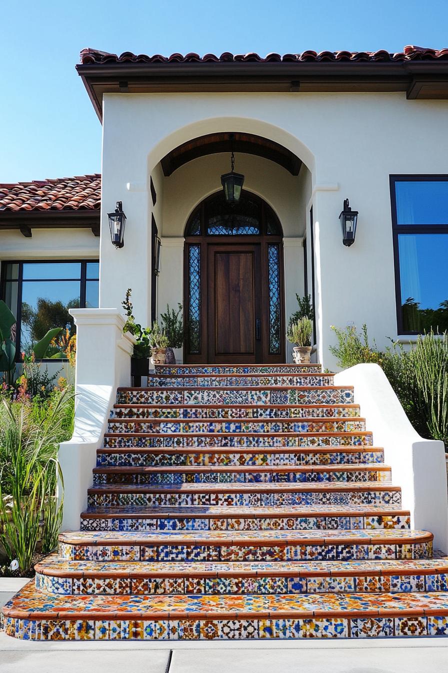 modern Californian house mediterranean style elevated entrance with color ceramic mosaic tile steps 1