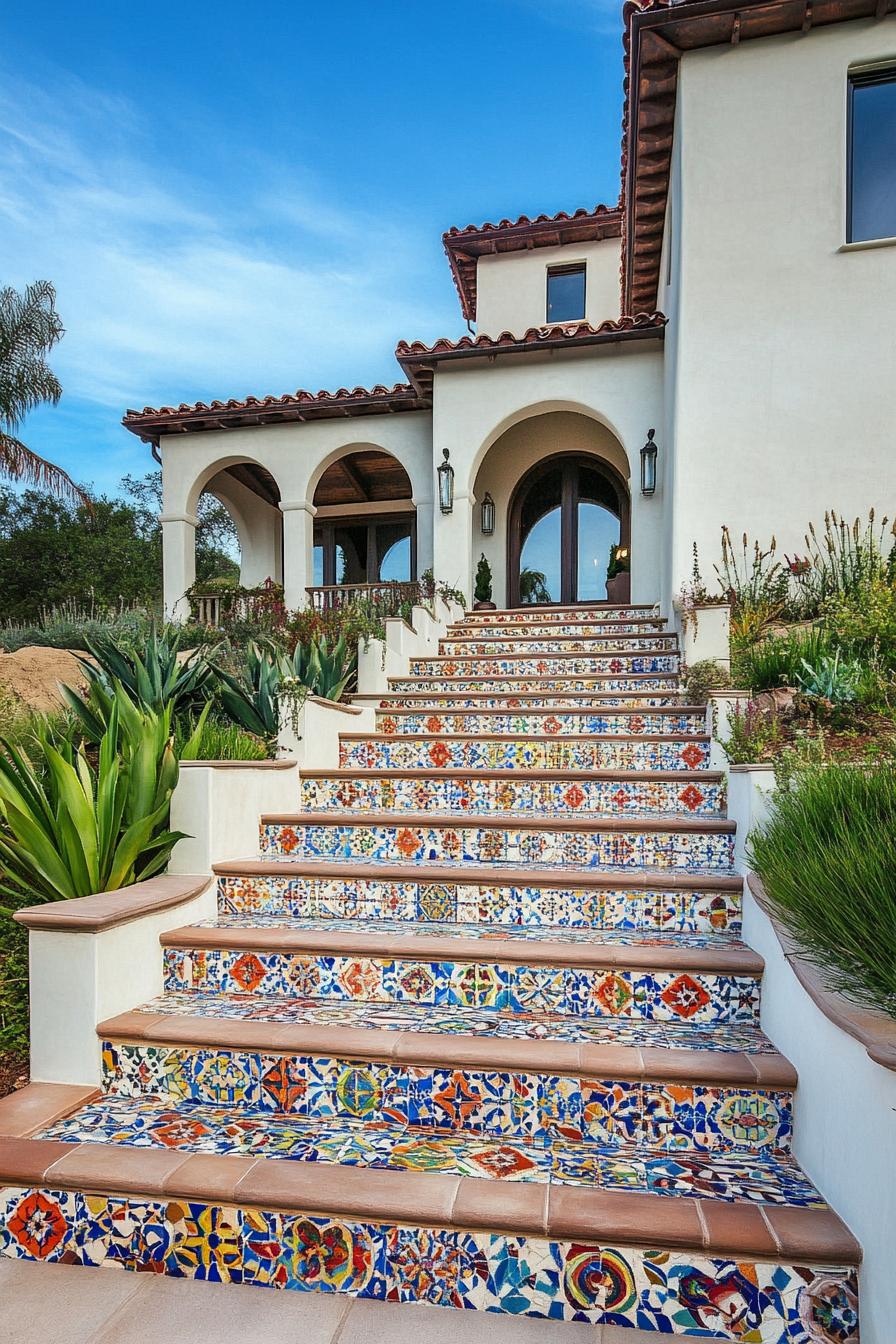 modern Californian house mediterranean style elevated entrance with color ceramic mosaic tile steps 2