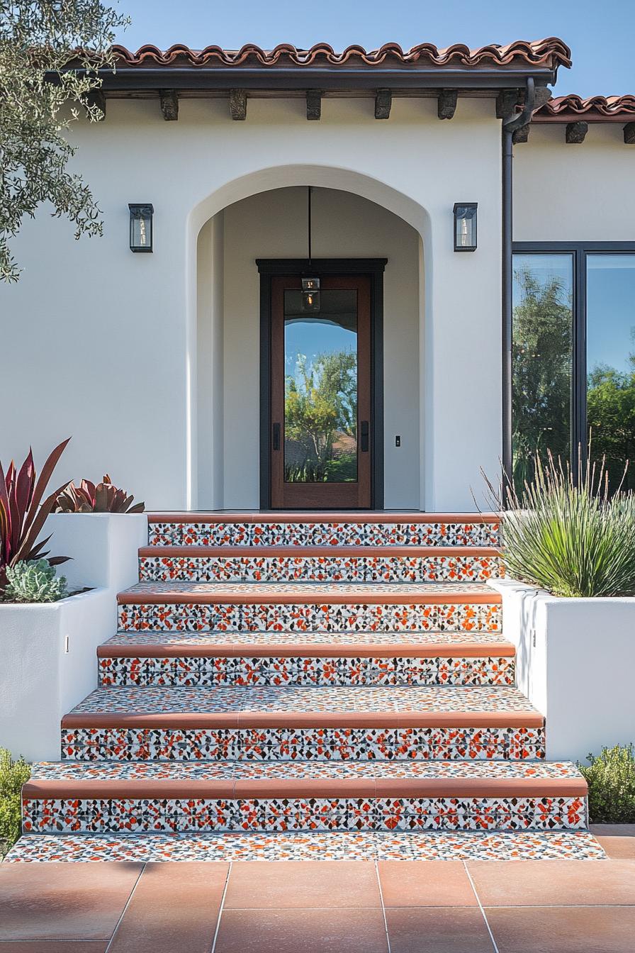 modern Californian house mediterranean style elevated entrance with color ceramic mosaic tile steps 3