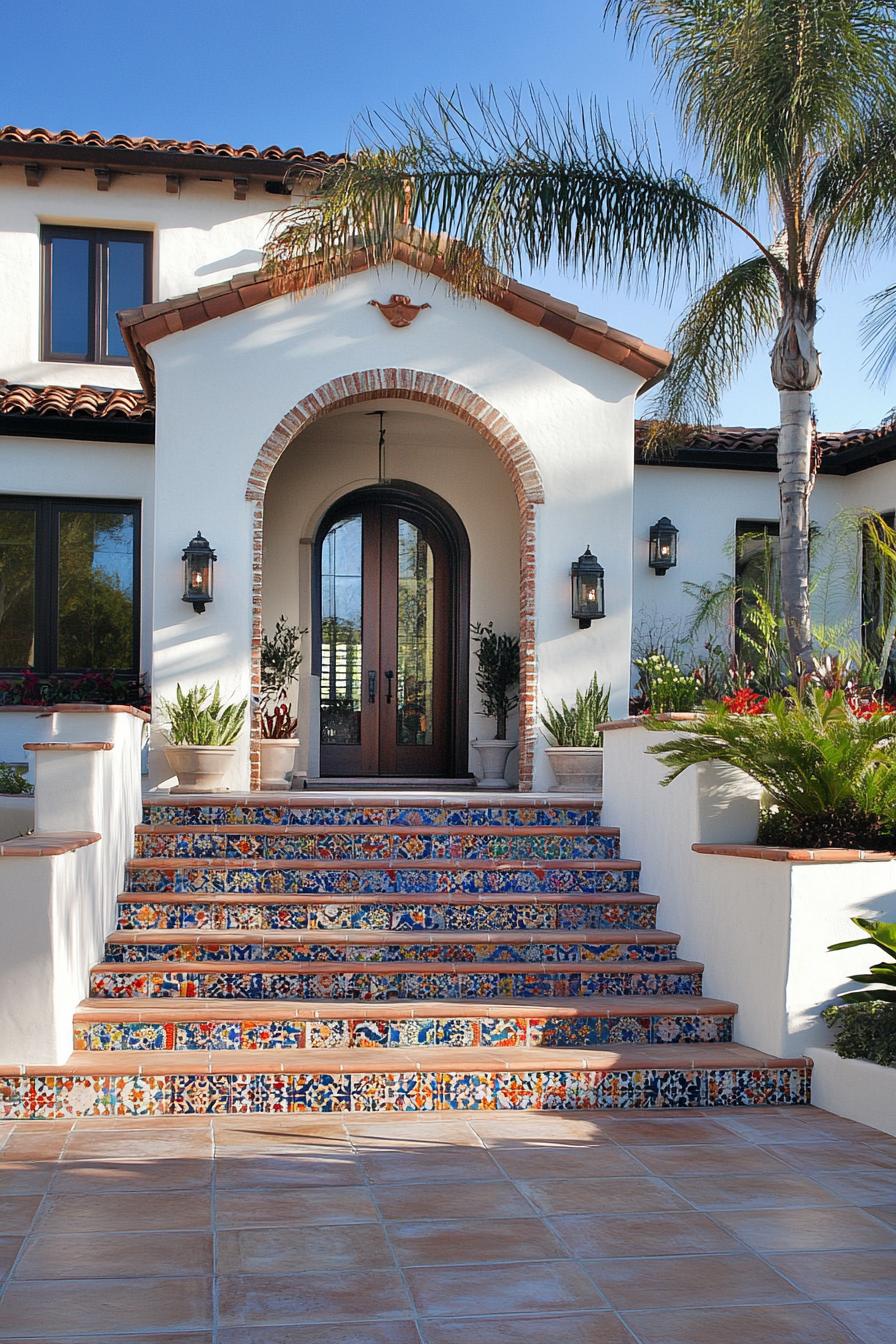 modern Californian house mediterranean style elevated entrance with color ceramic mosaic tile steps