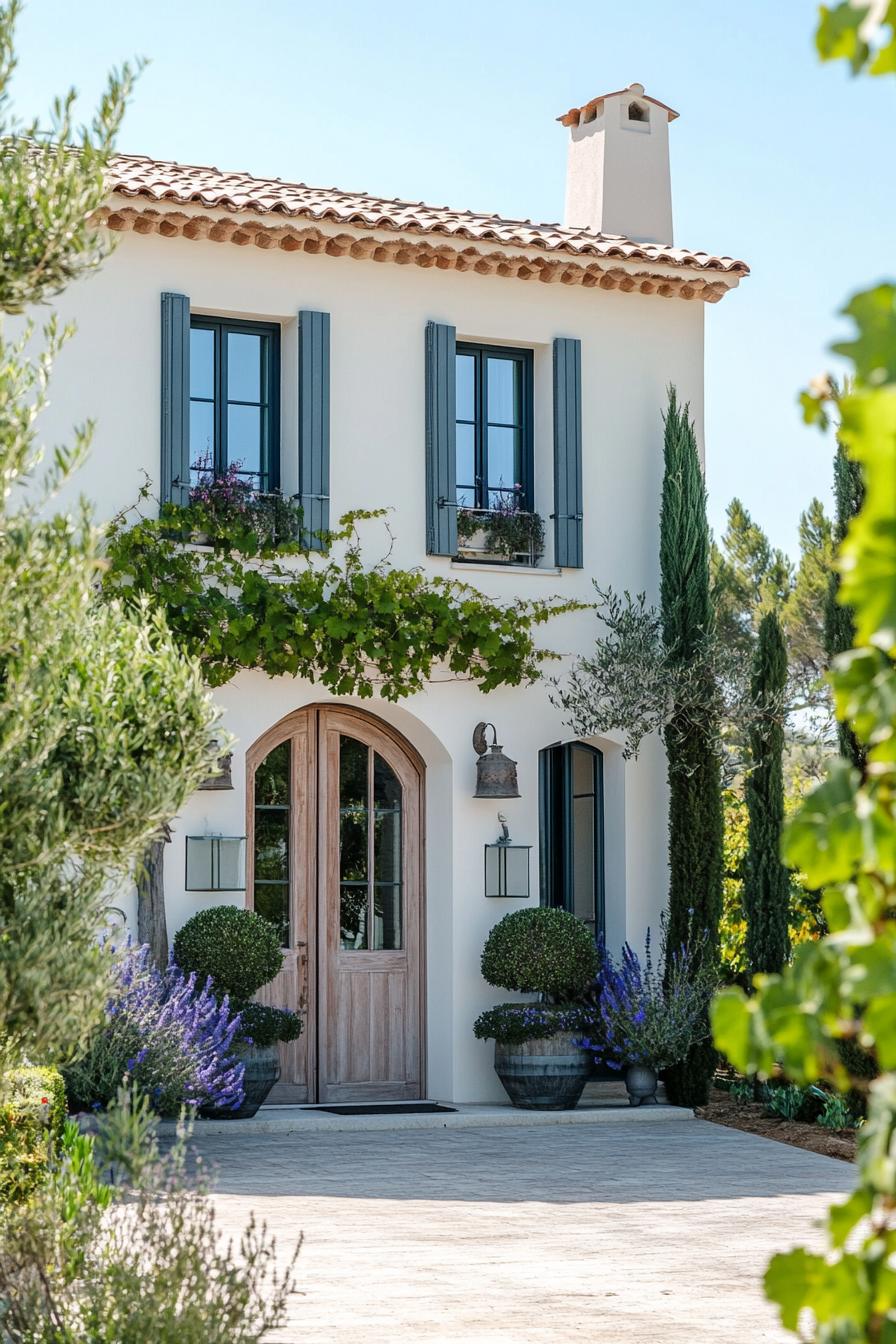 modern French mediterranean house facade with painted wooden doors French vineyard landscape 1