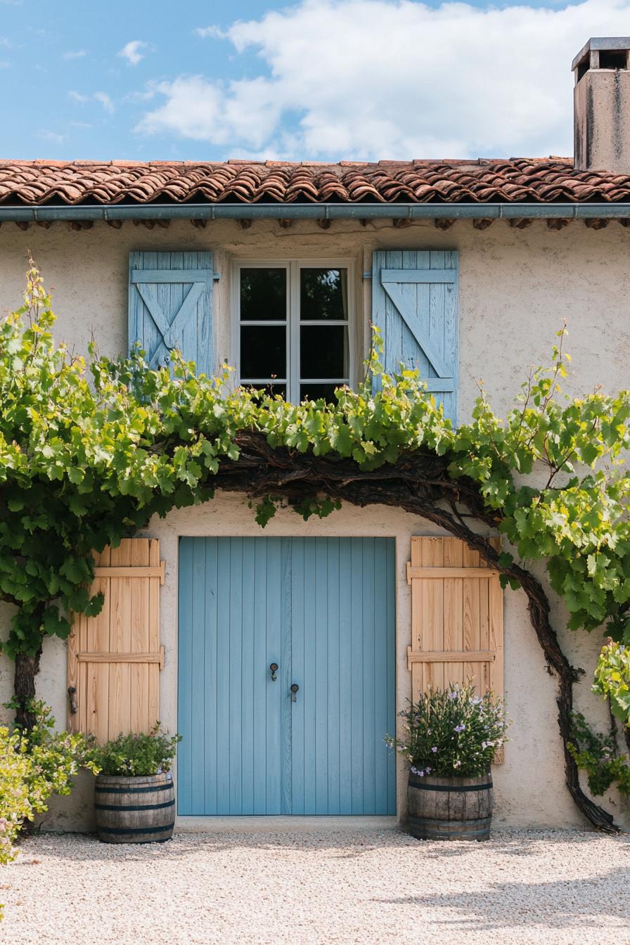 modern French mediterranean house facade with painted wooden doors French vineyard landscape 2