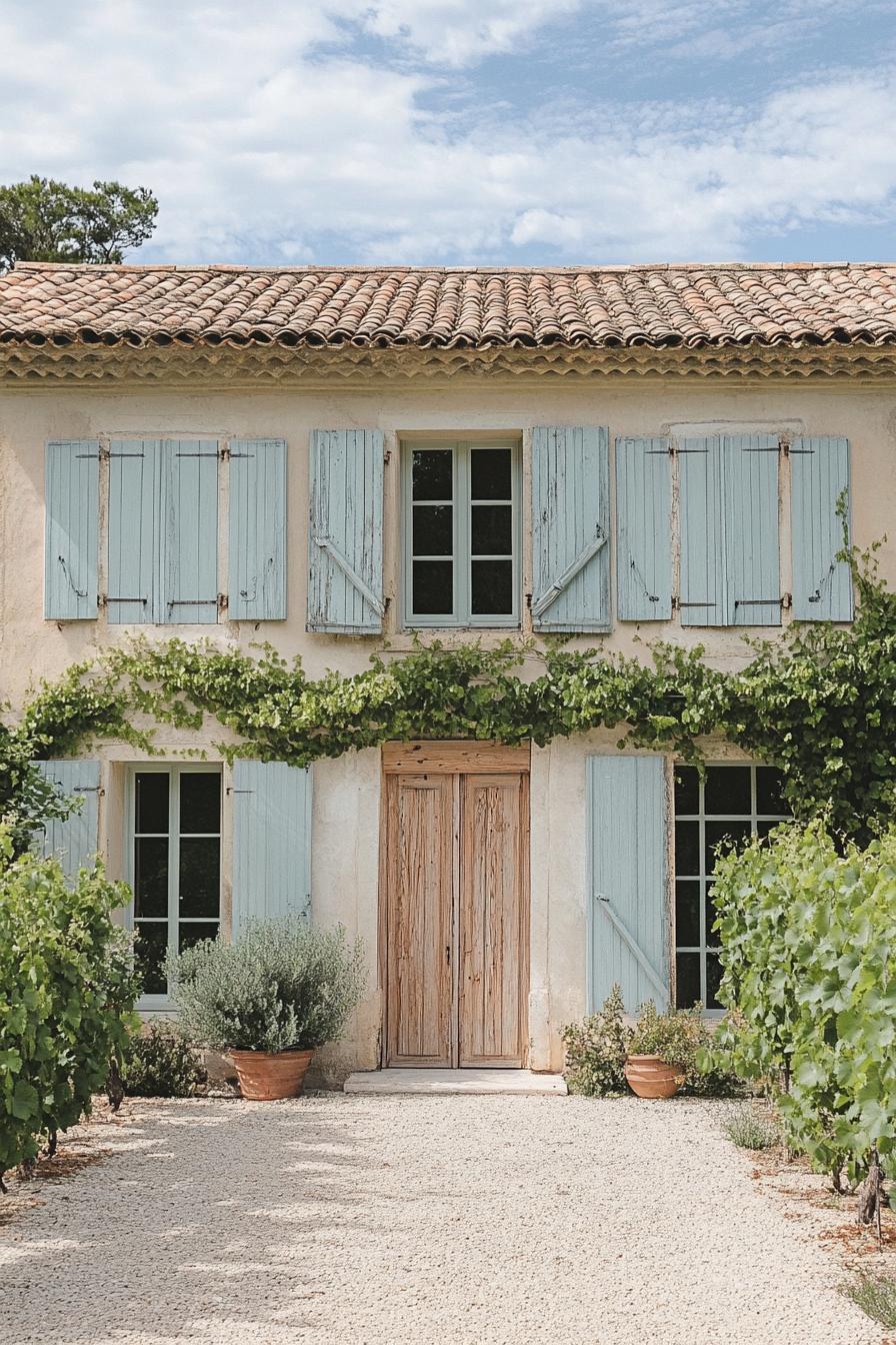 modern French mediterranean house facade with painted wooden doors French vineyard landscape