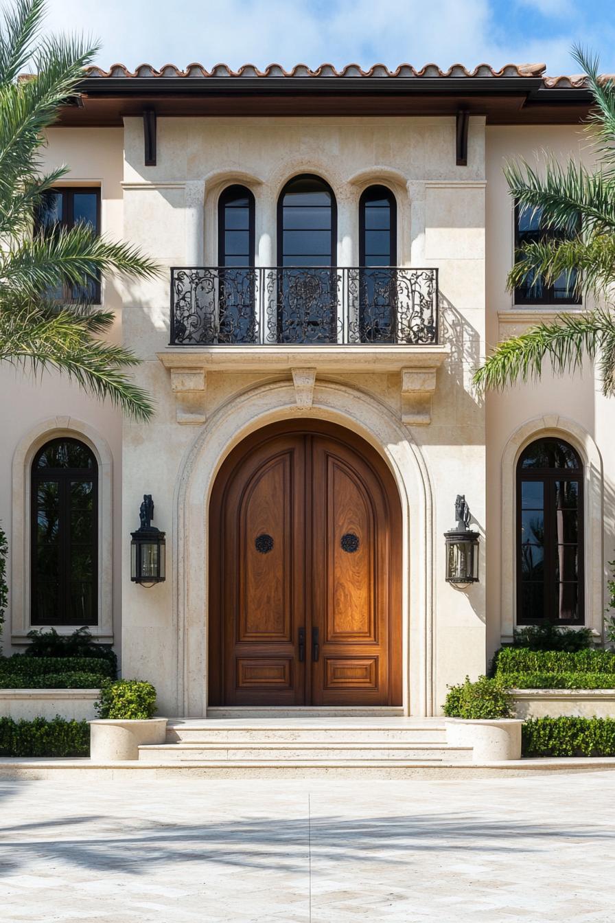 modern Italian mediterranean house modern facade with large ornate wooden front door