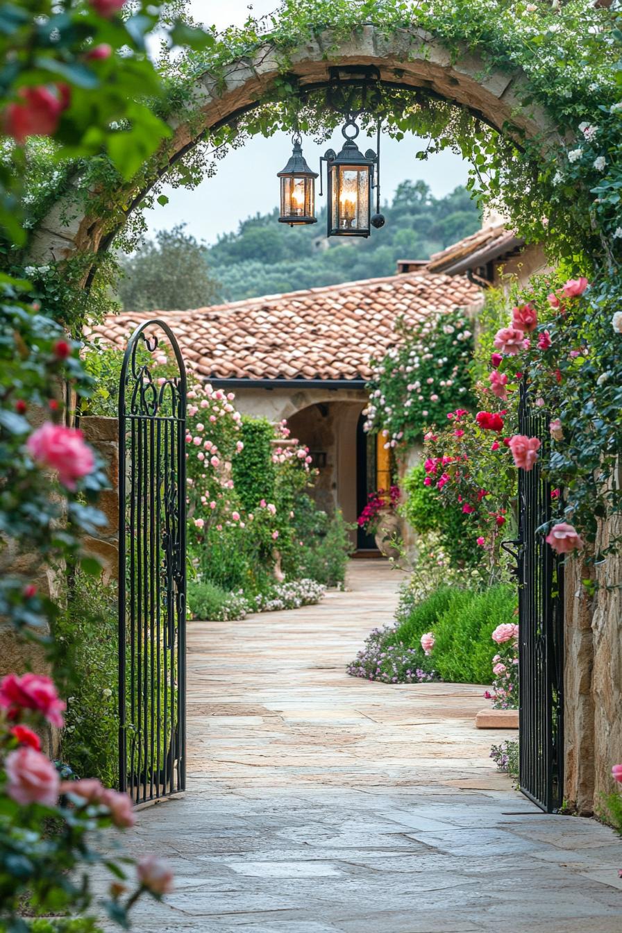 modern Tuscan mediterranean house gated yard entry with vintage lanterns wrought iron arch with climber roses 1