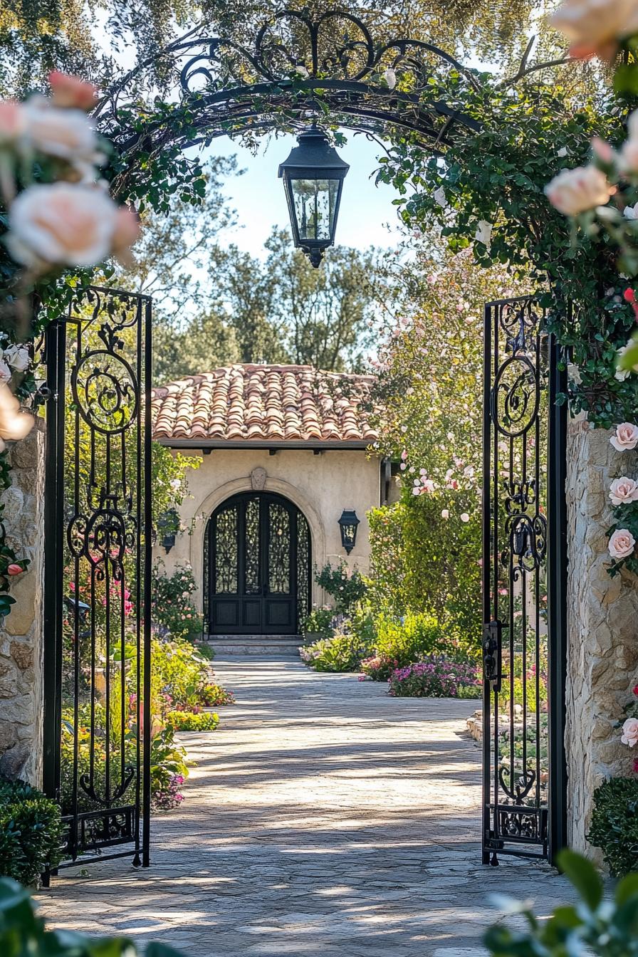 modern Tuscan mediterranean house gated yard entry with vintage lanterns wrought iron arch with climber roses 2