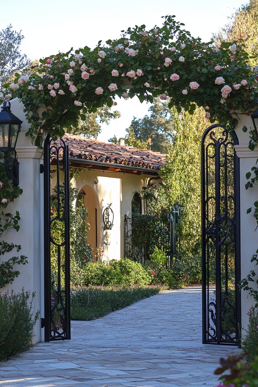 modern Tuscan mediterranean house gated yard entry with vintage lanterns wrought iron arch with climber roses 3