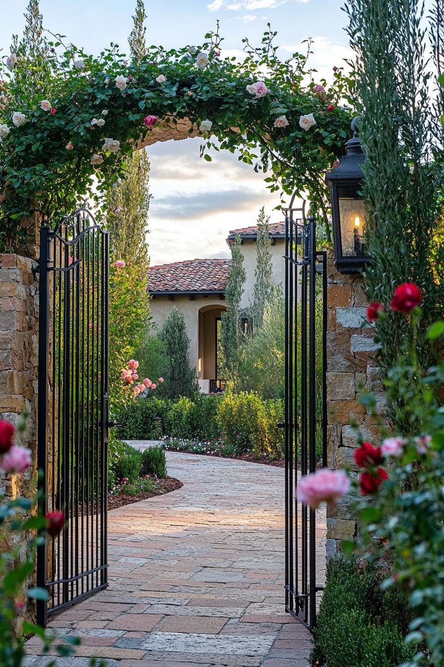 modern Tuscan mediterranean house gated yard entry with vintage lanterns wrought iron arch with climber roses