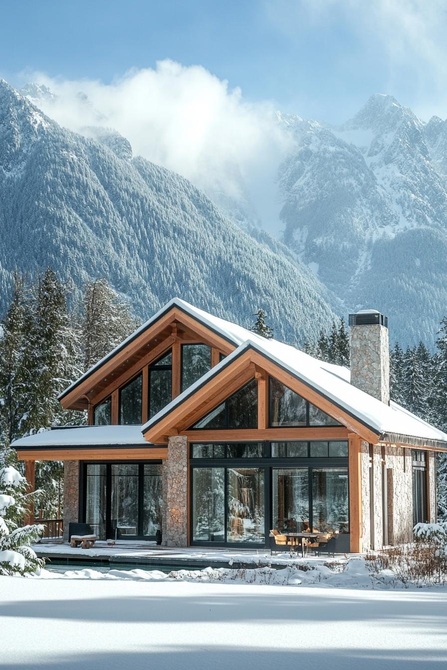 modern alpine style timber frame house facade with stucco and glass stunning snowy mountain in the background 1