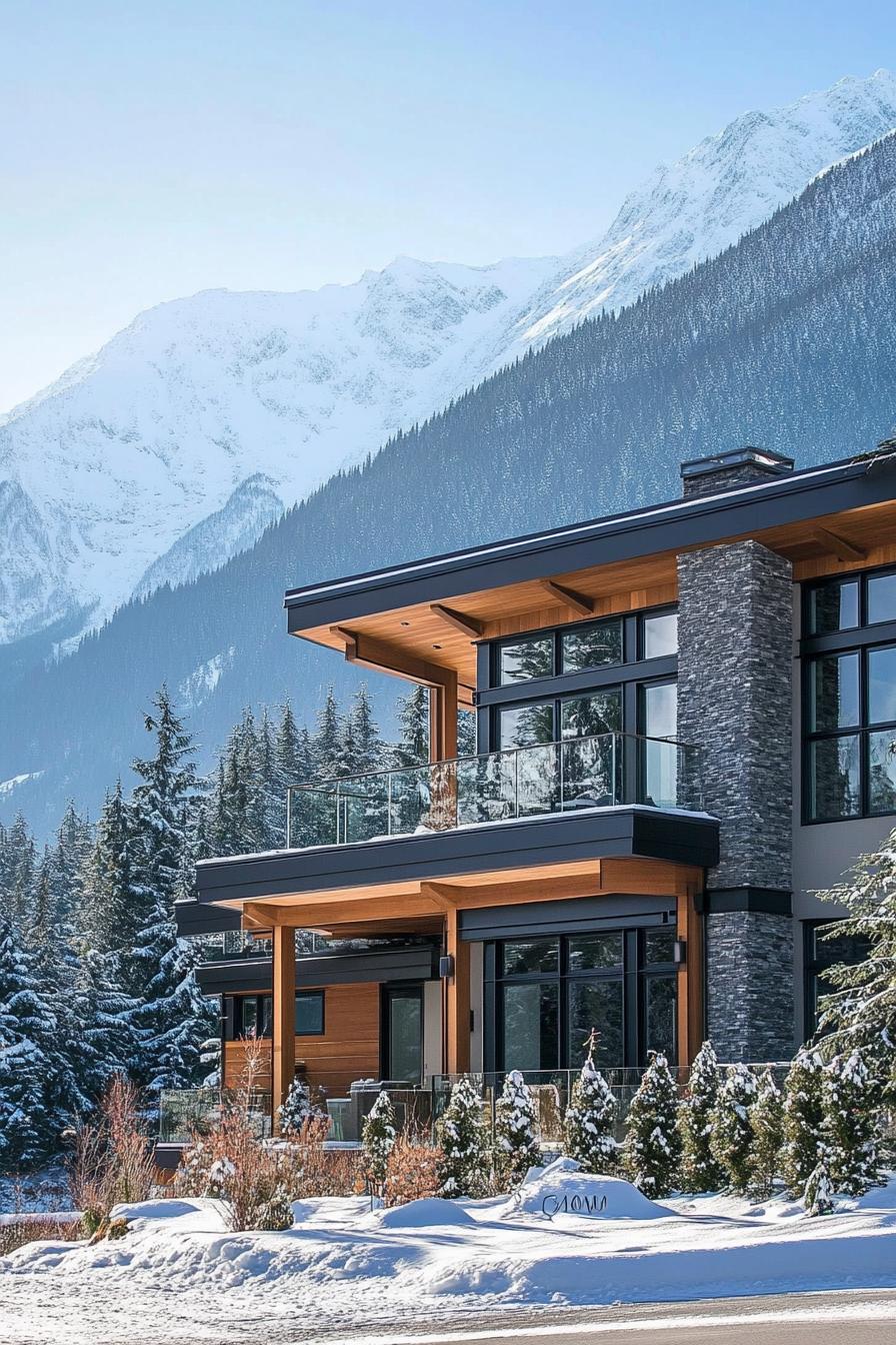 modern alpine style timber frame house facade with stucco and glass stunning snowy mountain in the background 2