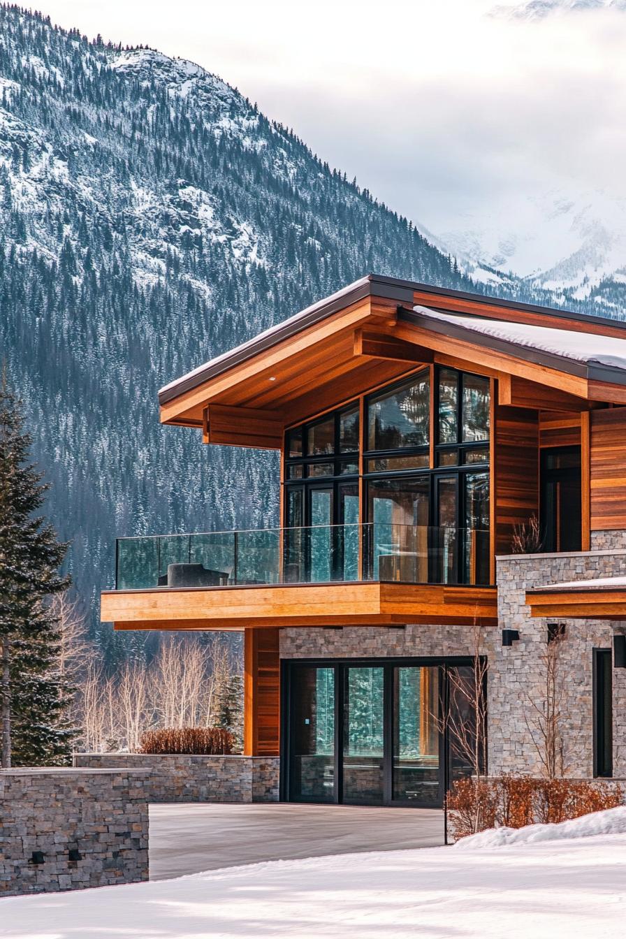 modern alpine style timber frame house facade with stucco and glass stunning snowy mountain in the background 3