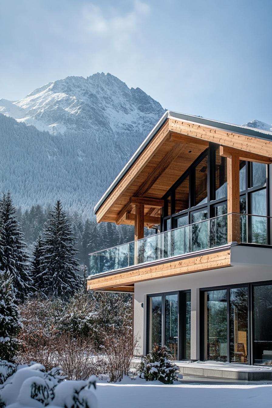 modern alpine style timber frame house facade with stucco and glass stunning snowy mountain in the background