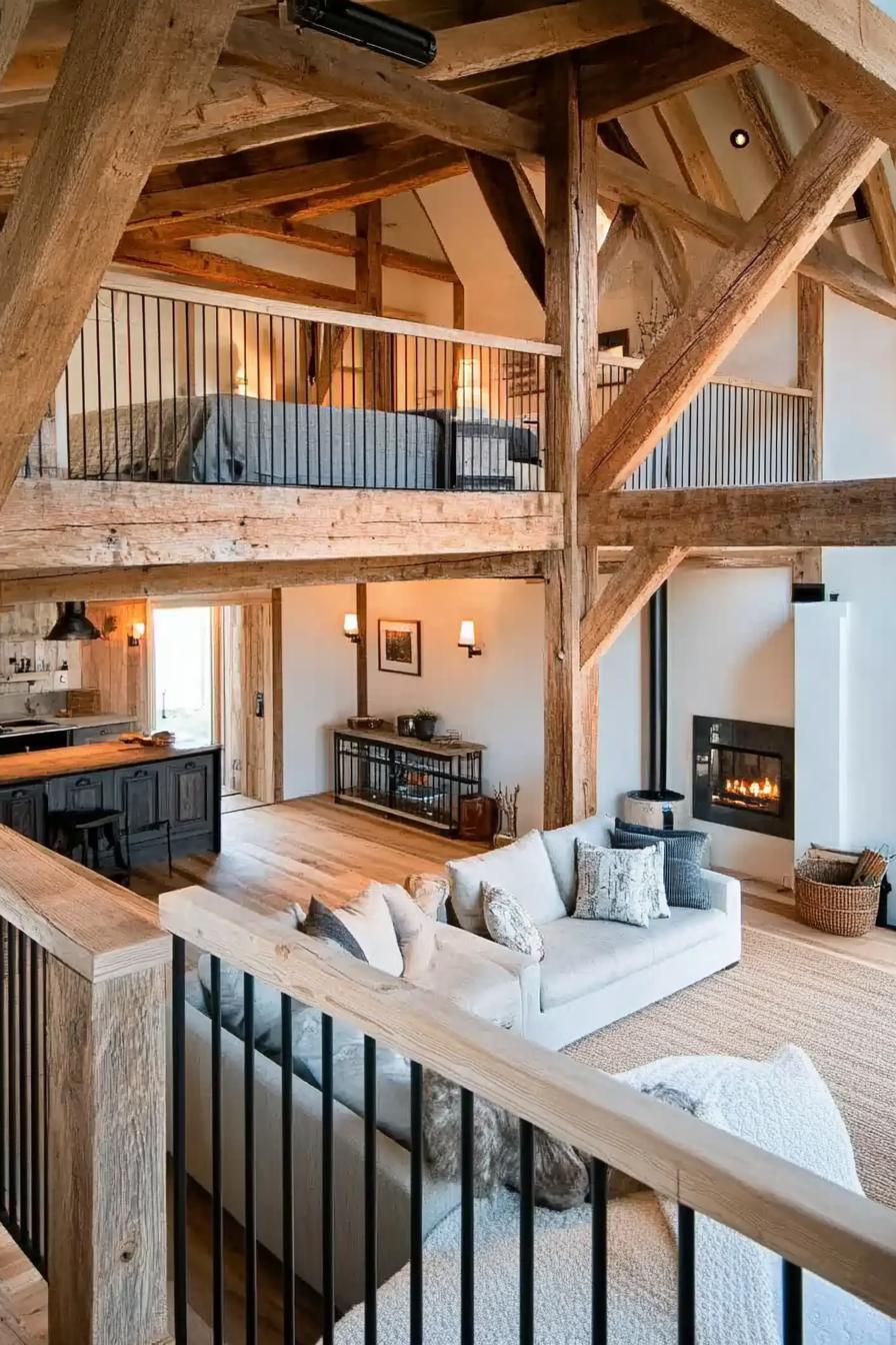 modern barn home lofted interior with exposed wooden beams 1