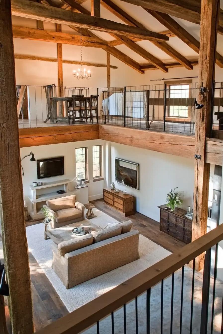 modern barn home lofted interior with exposed wooden beams 2