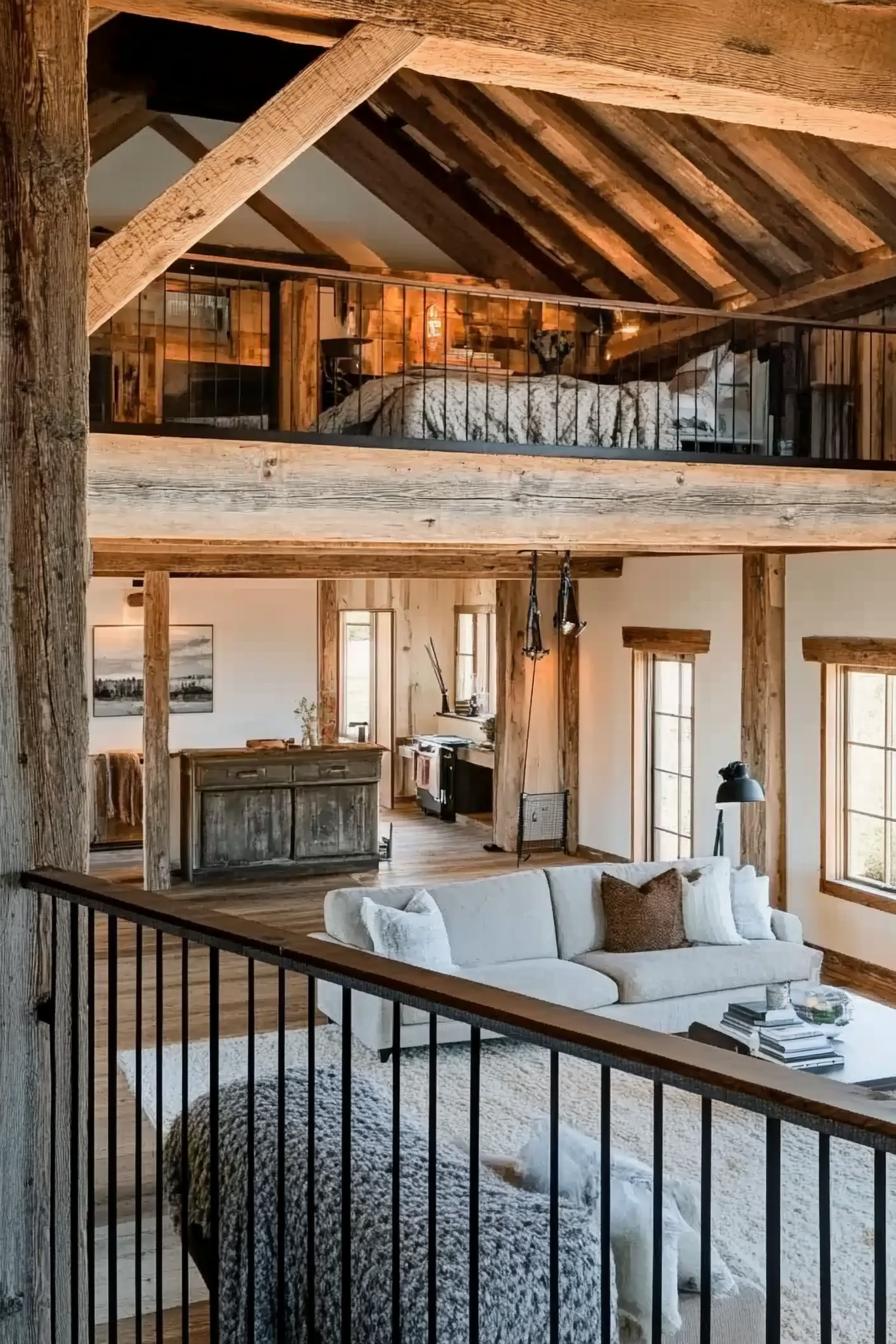 modern barn home lofted interior with exposed wooden beams 3