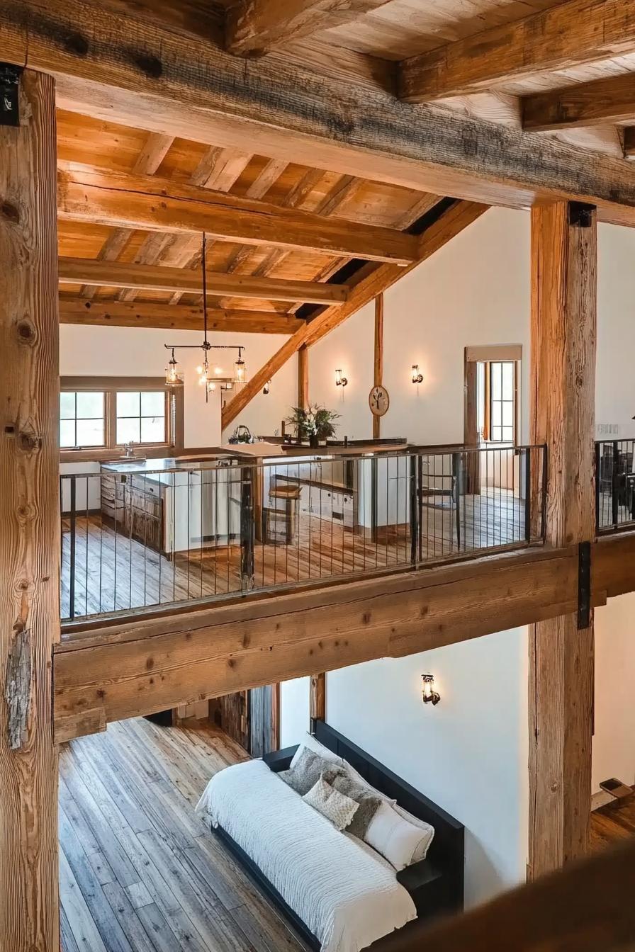 modern barn home lofted interior with exposed wooden beams