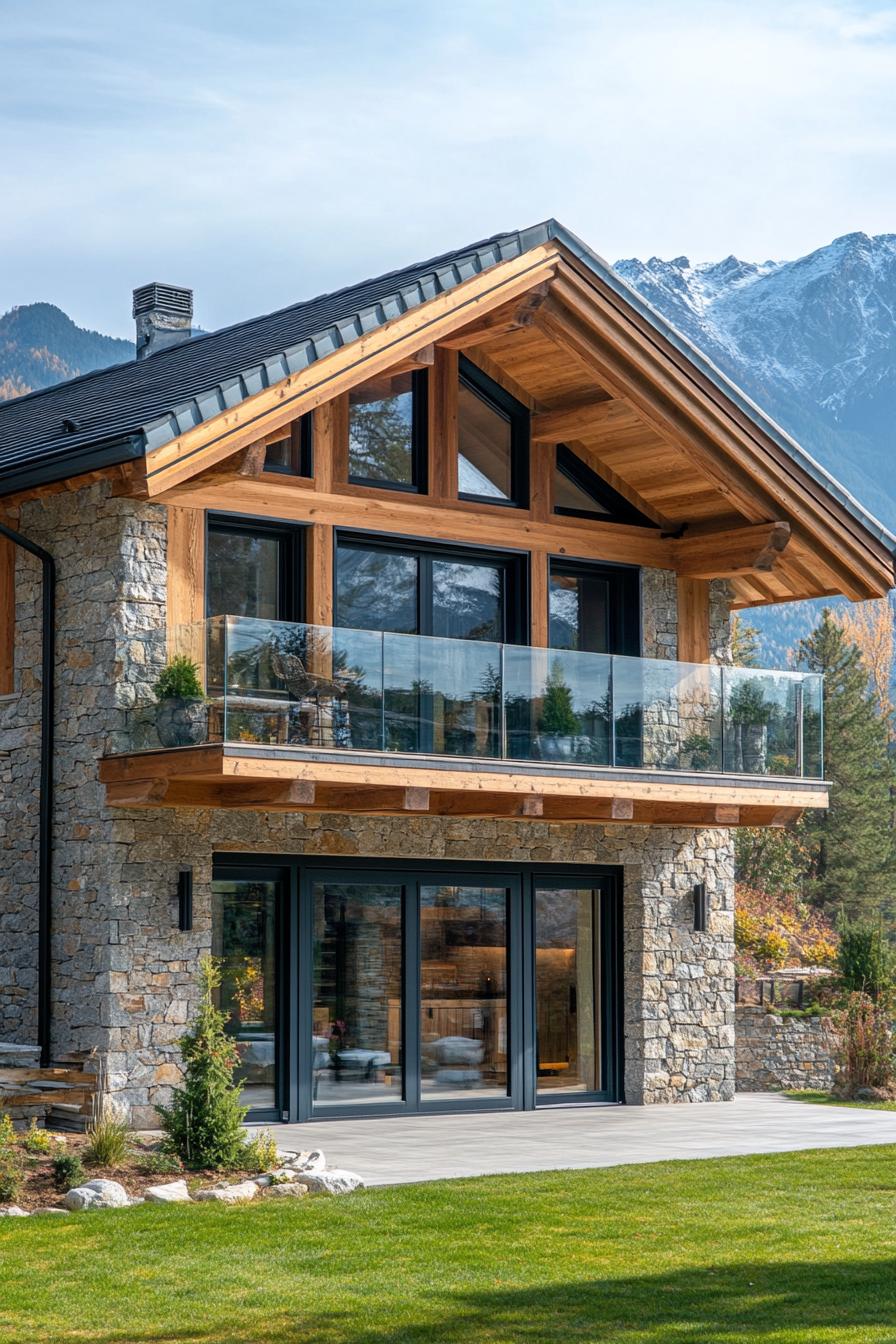 modern chalet house with stone and natural wood siding facade with exposed round beams full wall windows balcony across entire front with glass 1