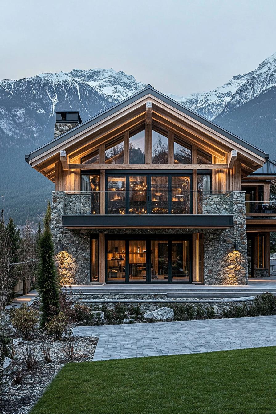 modern chalet house with stone and natural wood siding facade with exposed round beams full wall windows balcony across entire front with glass 2