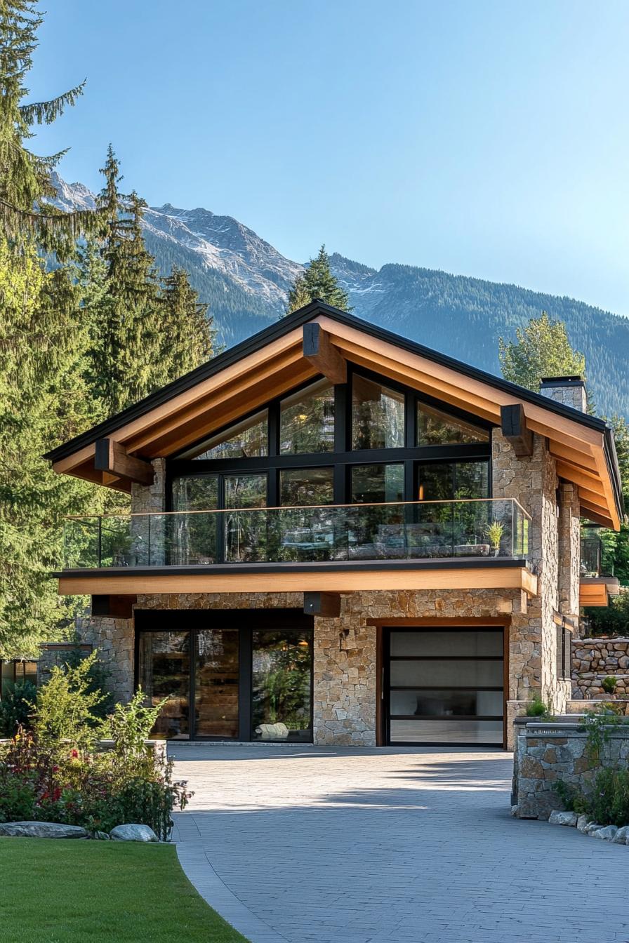 modern chalet house with stone and natural wood siding facade with exposed round beams full wall windows balcony across entire front with glass