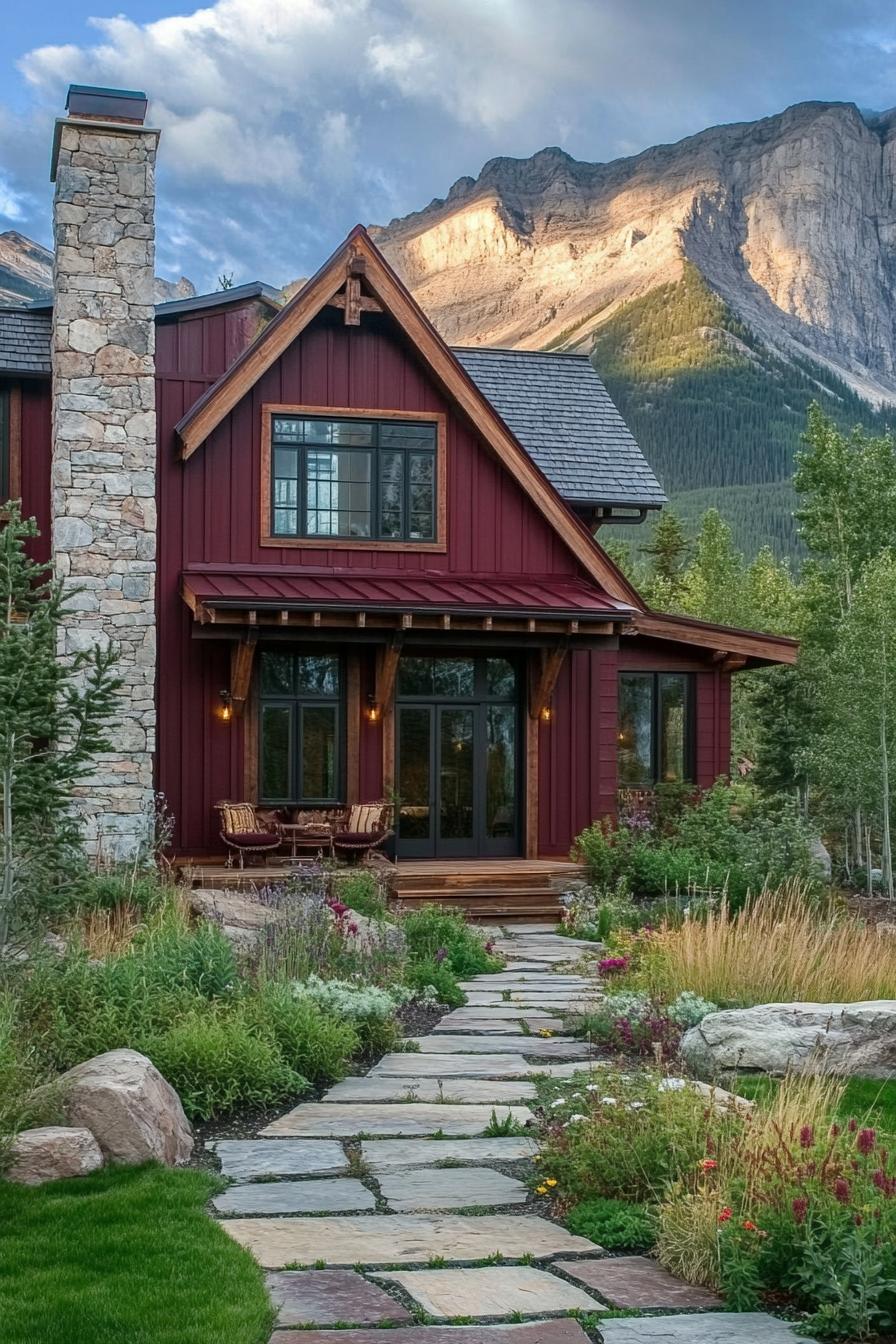 modern cottage style mountain house at the foot of an imposing mountain facade with deep burgundy siding natural wood panels stone chimney native landscape with stone path and steps 1