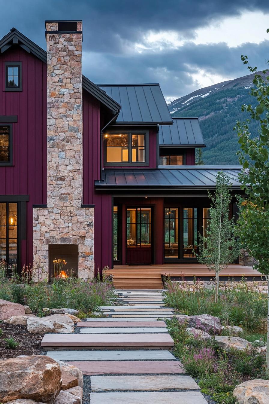 modern cottage style mountain house at the foot of an imposing mountain facade with deep burgundy siding natural wood panels stone chimney native landscape with stone path and steps 2