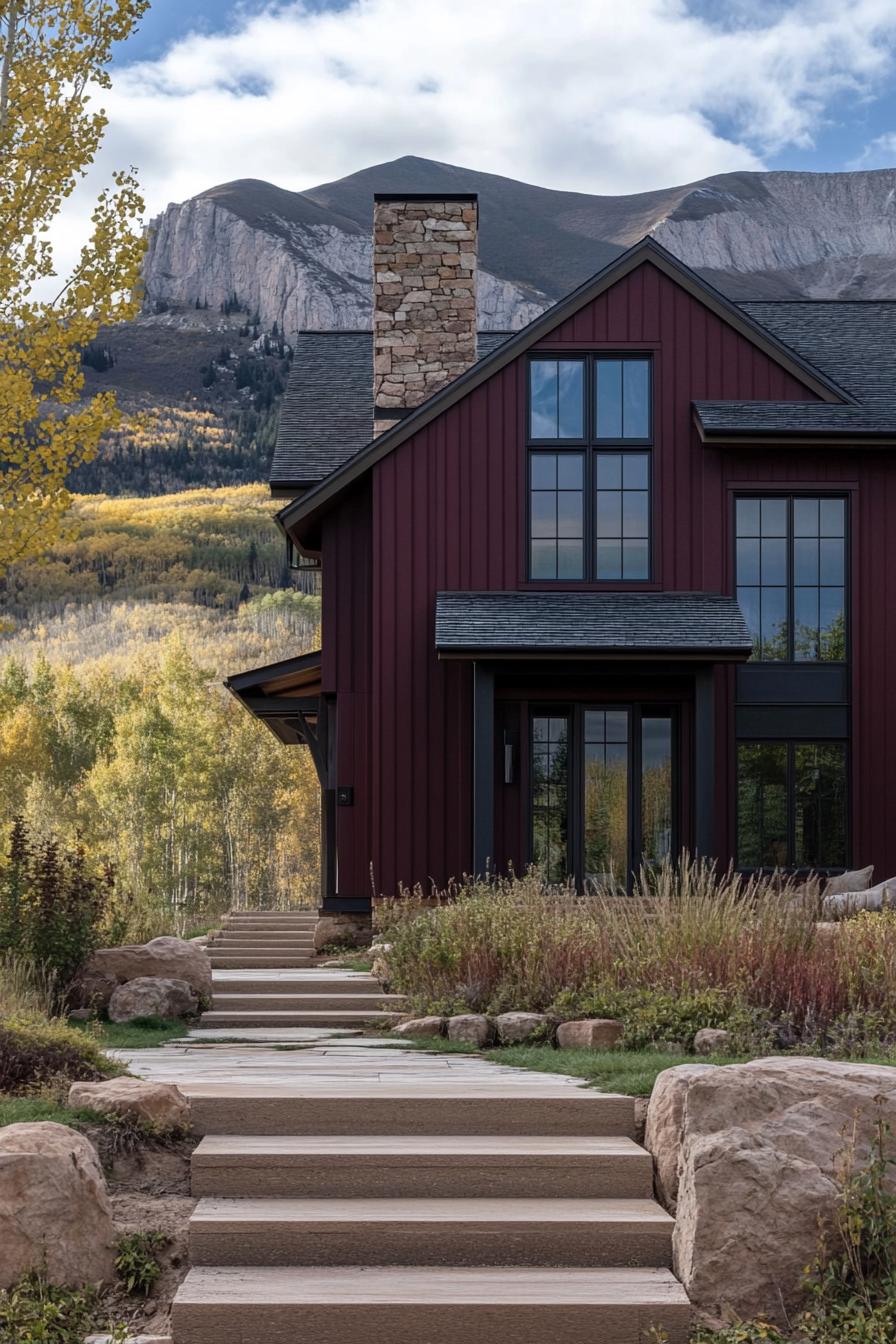 modern cottage style mountain house at the foot of an imposing mountain facade with deep burgundy siding natural wood panels stone chimney native landscape with stone path and steps 3