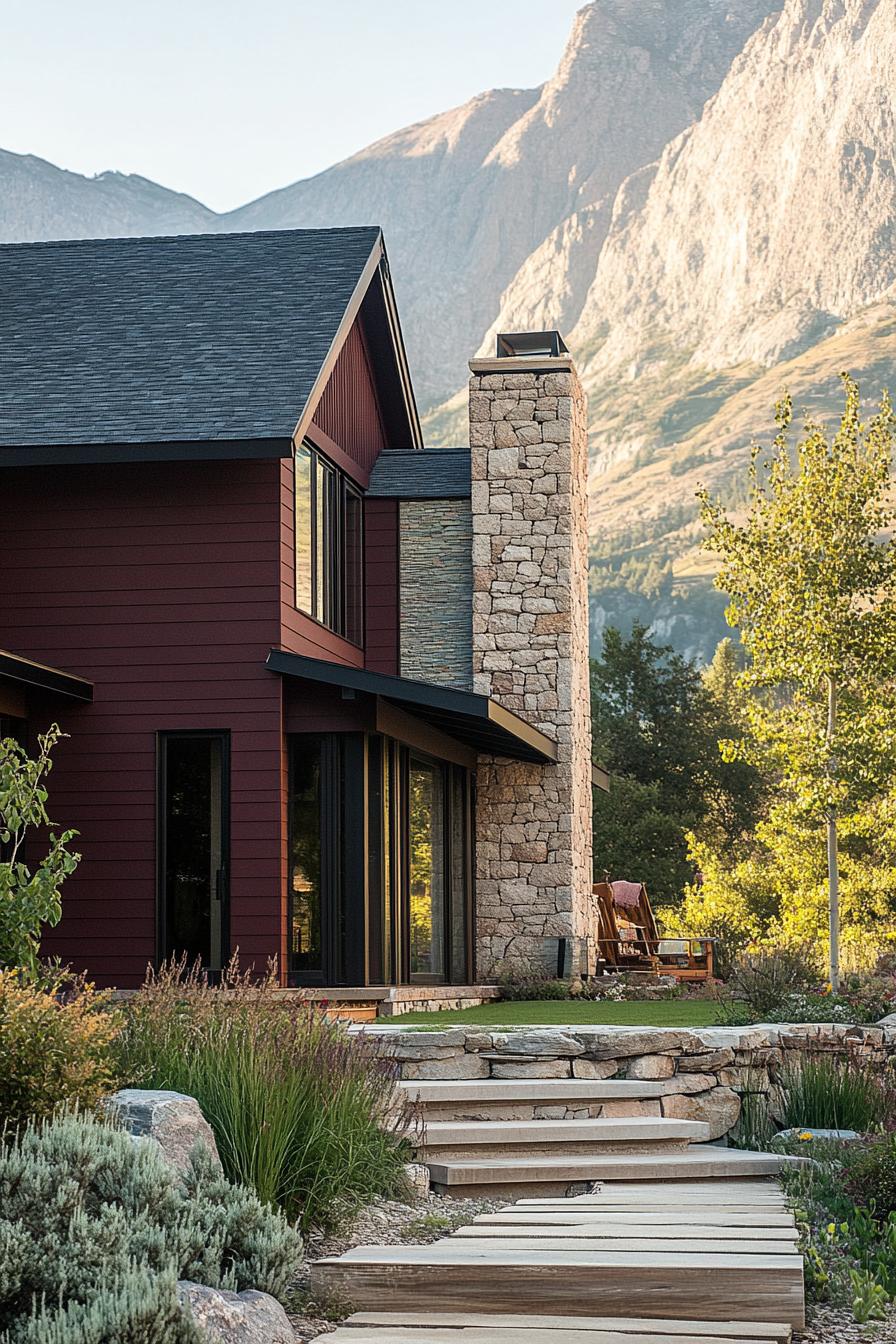 modern cottage style mountain house at the foot of an imposing mountain facade with deep burgundy siding natural wood panels stone chimney native landscape with stone path and steps