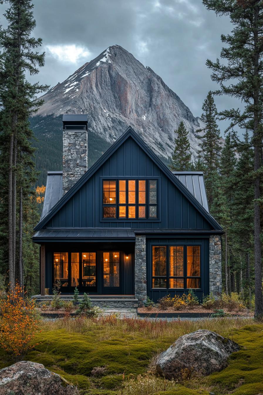 modern cottage style mountain house facade with midnight blue corrugated metal cladding matte black window and door trim dark stone chimney forest 1