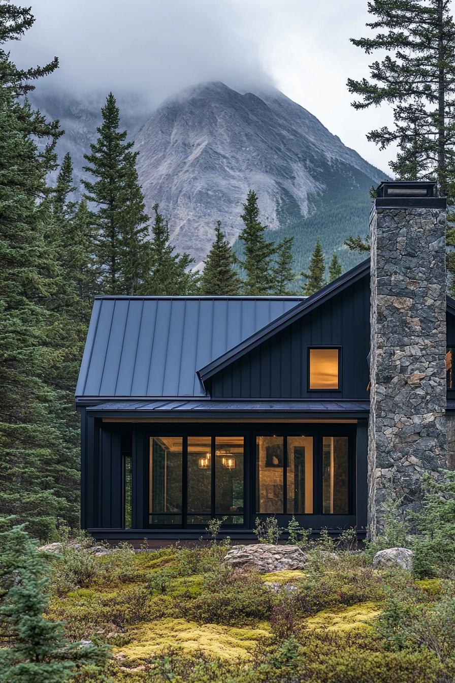 modern cottage style mountain house facade with midnight blue corrugated metal cladding matte black window and door trim dark stone chimney forest 2