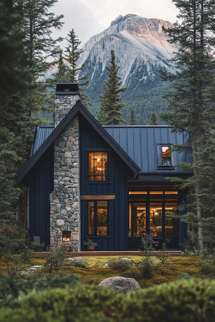 modern cottage style mountain house facade with midnight blue corrugated metal cladding matte black window and door trim dark stone chimney forest 3