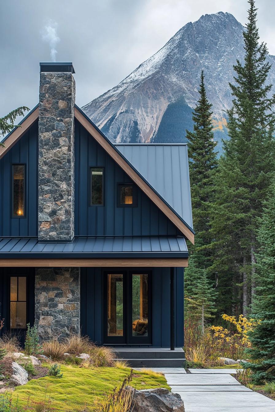 modern cottage style mountain house facade with midnight blue corrugated metal cladding matte black window and door trim dark stone chimney forest