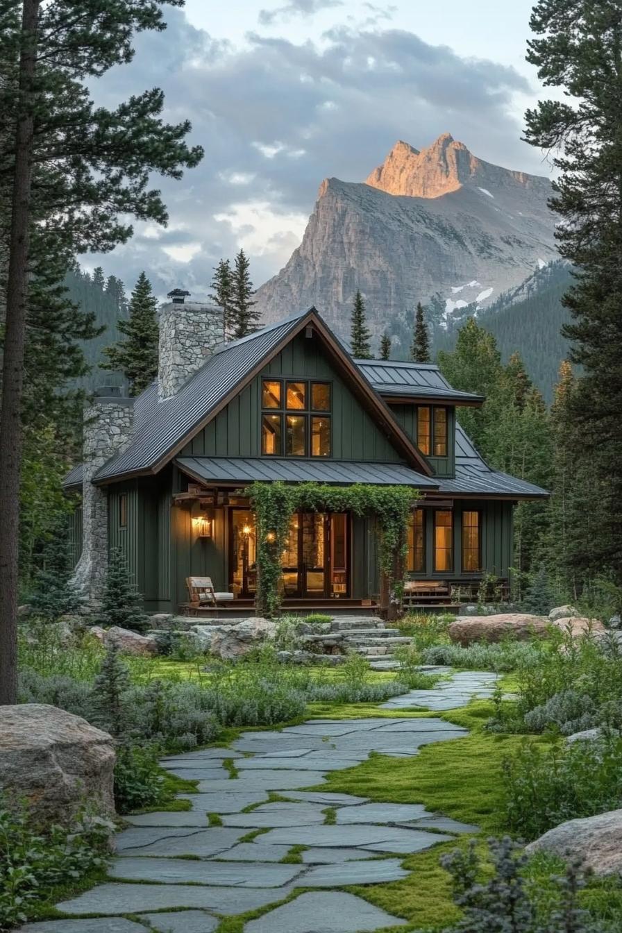 modern cottage style mountain house with shy green siding grey multi pitched roof ivy trellis porch mossy stone paved yard tall pines around the 1