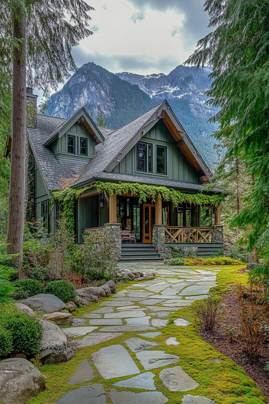 modern cottage style mountain house with shy green siding grey multi pitched roof ivy trellis porch mossy stone paved yard tall pines around the 2