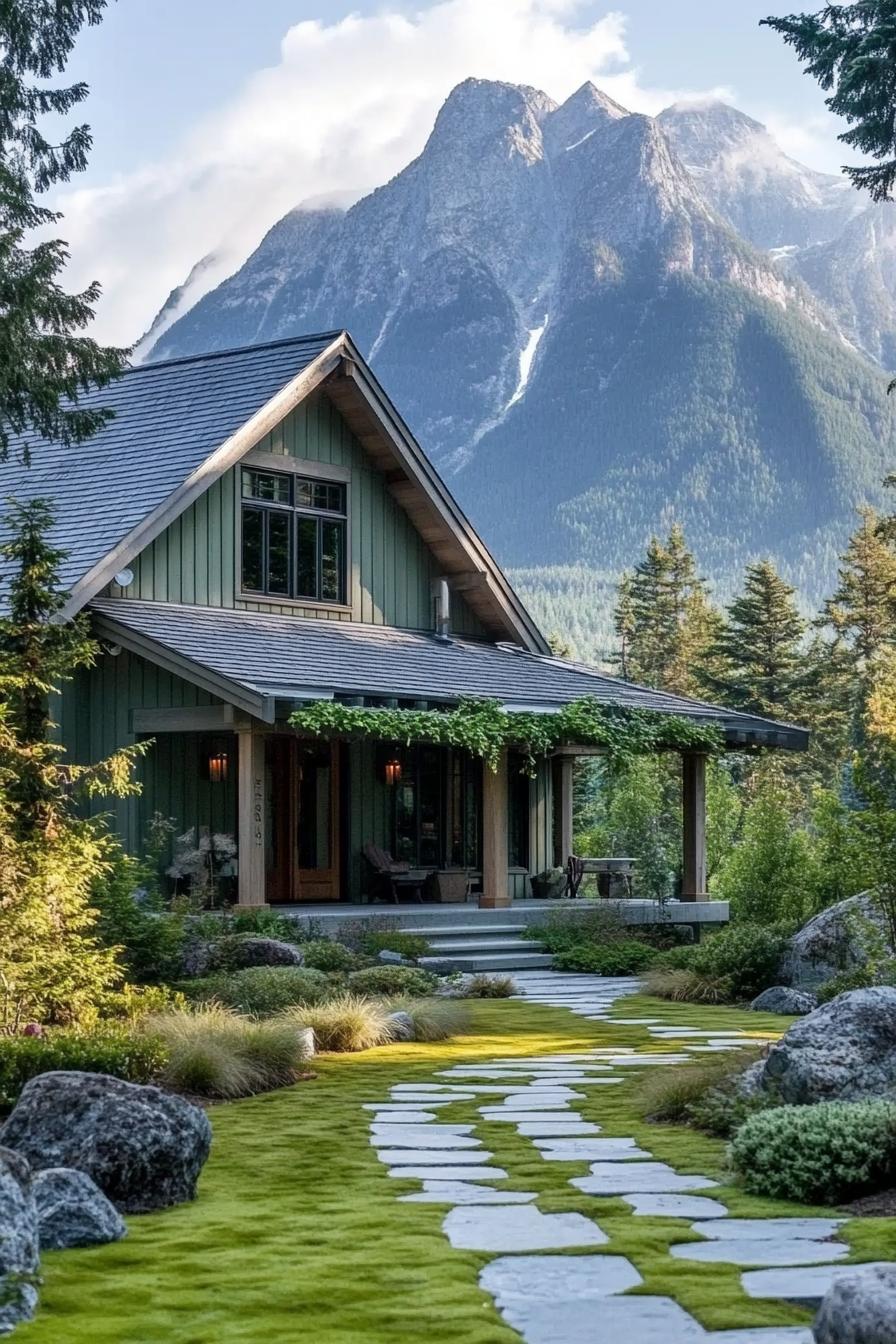 modern cottage style mountain house with shy green siding grey multi pitched roof ivy trellis porch mossy stone paved yard tall pines around the 3