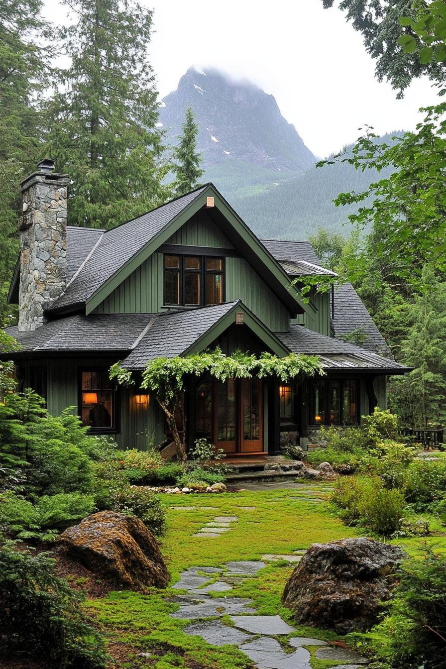 modern cottage style mountain house with shy green siding grey multi pitched roof ivy trellis porch mossy stone paved yard tall pines around the